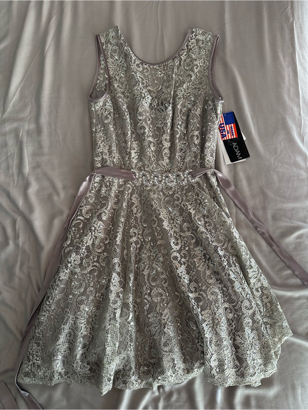 Betsy & Adam Silver Lace Sleeveless Fit-and-Flare Dress with Satin Tie